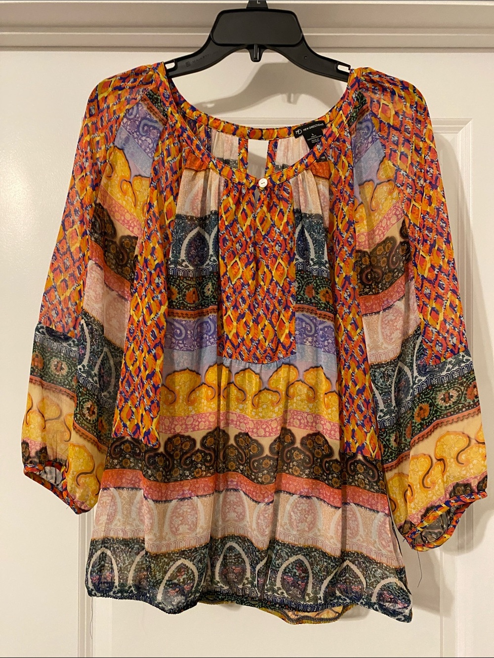New Directions Boho Patchwork Peasant Blouse - Multicolor